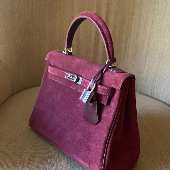 25cm genuine suede leather wine burgundy red top handle handbag bk25 - Picture 2 of 8